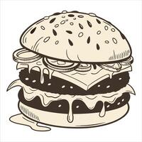 minimal, flat-style illustration of a juicy cheeseburger with double patties, melted cheese, and a sesame seed bun vector