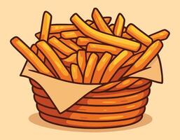 Cartoon Style French Fries in Wicker Basket on Table vector