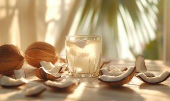 coconut water with coconut shells on a table photo