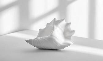 A white shell is on a table, light from the window photo