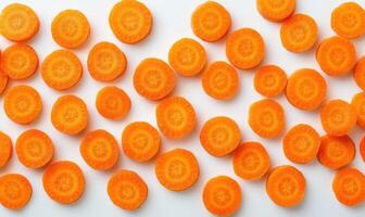 a large group of sliced carrots on a white surface photo