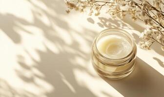 a jar of cream on a table with a branch photo