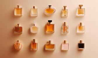 a collection of perfume bottles arranged in a row photo