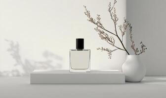 a bottle of perfume sits on a white table photo