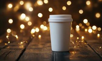 a white cup with a lid sits on a wooden table with lights photo