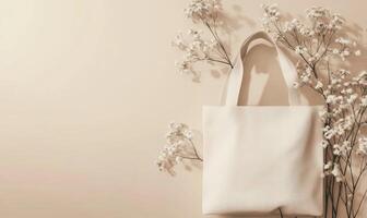 A white bag is placed on a table next to a bunch of white flowers photo