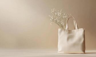 A white canvas bag with a white flower in it photo