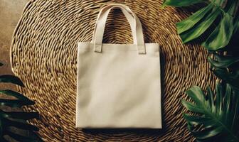 A white bag with a pattern on it sits on a rug photo
