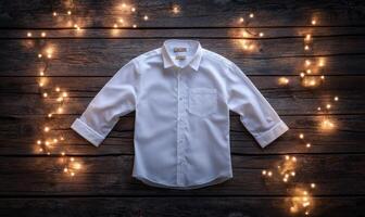 A white shirt is displayed on a wooden surface with a star pattern photo