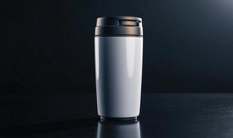 A white cup with a lid sits on a dark surface photo