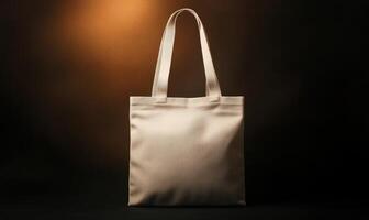 A tan tote bag with a zigzag pattern sits on a dark background photo