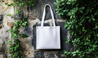A white purse is hanging on a wall next to green vines photo