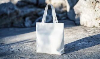A white bag with a pattern on it is sitting on a rock photo