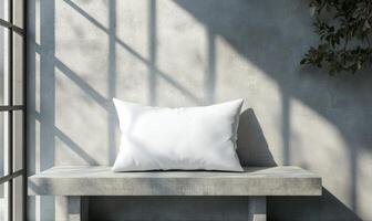 A white pillow sits on a bench in front of a window photo
