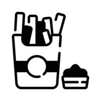 An editable glyph style icon of french fries with dip sauce. vector