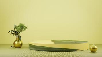 A yellow room with a round table and vases photo