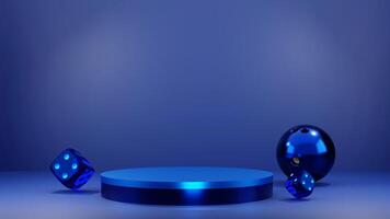Blue 3d render of a round table with two dice and a blue ball photo