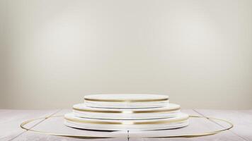 A stack of white plates with gold trim on a wooden table photo