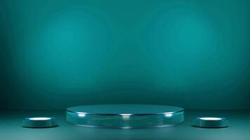 A podium with two lights on it in front of a green wall photo