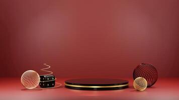 A red background with a black round table and some gold and silver objects photo