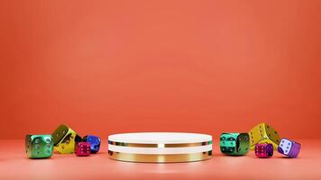 Golden round table with colorful dice on red background 3d render photo