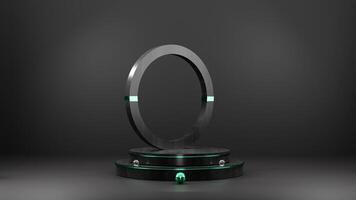 A black and green circular object on a stand photo