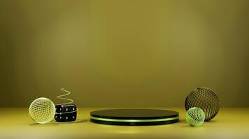 A green and yellow background with a round table and some objects photo
