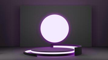 A purple light is on a stage with a round object photo