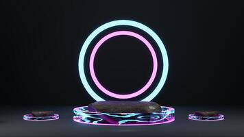 A neon circle with a rock on top of it photo