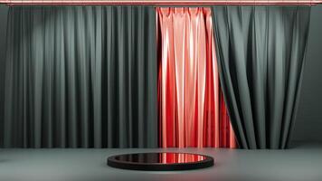 A red curtain is open in front of a black stage photo