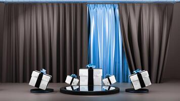 A room with a curtain and three boxes photo