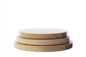 Isolated Three Tiered Wooden Display Stand for Product Presentation photo