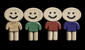 Colorful wooden figures with smiling faces representing diversity, happiness, and friendship, ideal for educational and creative projects. photo