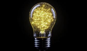 Bright and illuminating light bulb with glowing golden particles and beautiful sparkles in a dark background creating a magical atmosphere and mood photo