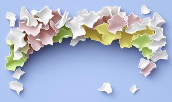 Colorful paper scraps arranged artistically on a soft blue background creating a vibrant and playful atmosphere for creative projects and designs photo