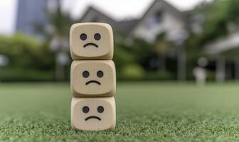 Three wooden blocks with sad faces on them photo
