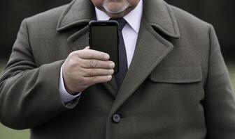 Businessman in Olive Green Coat Holding Smartphone with Blank Screen Outdoors in a Formal Environment with Blurry Background photo