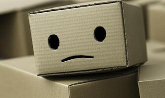 Cute cardboard box with a sad face expression, representing themes of loneliness, emptiness, or abandonment in a creative and artistic way photo