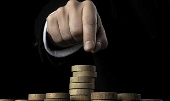 Close-Up of a Hand Pointing at a Stack of Coins on a Black Background Symbolizing Investment, Wealth, and Financial Growth Opportunities photo