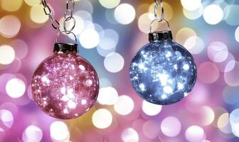 Colorful Decorative Ornaments with Shimmering Lights against a Soft Bokeh Background for Holiday Cheer and Festive Celebrations photo