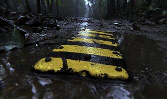Wet Pathway with Yellow and Black Warning Sign in a Dense Forest Surrounded by Rain and Lush Greenery, Evoking a Sense of Mystery and Adventure photo