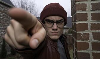 A man wearing glasses and a red jacket pointing at something photo