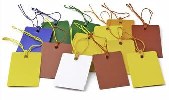 Colorful tags with string on white background photo