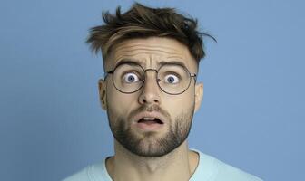 A man with glasses on his face looking surprised photo