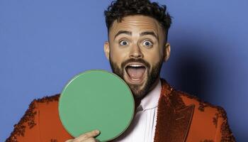 A man in a red jacket holding a ping pong ball photo