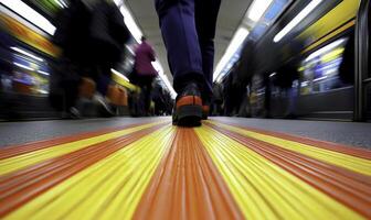 A person walking on a subway platform with a yellow stripe photo
