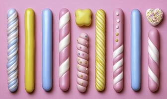 A group of colorful candy canes arranged in a row photo