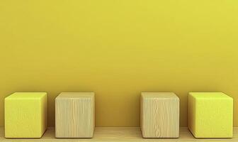 Three wooden blocks in front of a yellow wall photo