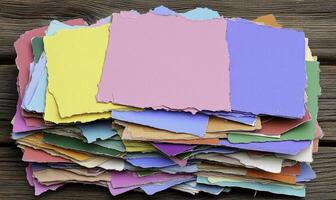 A pile of colorful paper on a wooden table photo