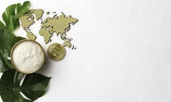 World map and a coin on a white background photo